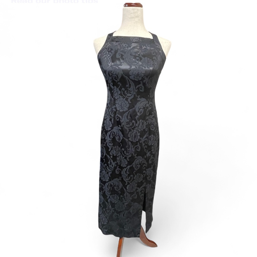 Vtg CDC Petites Whimsigoth Fairy Grunge Black‎ Strallg Damask Maxi Dress Size 2P
